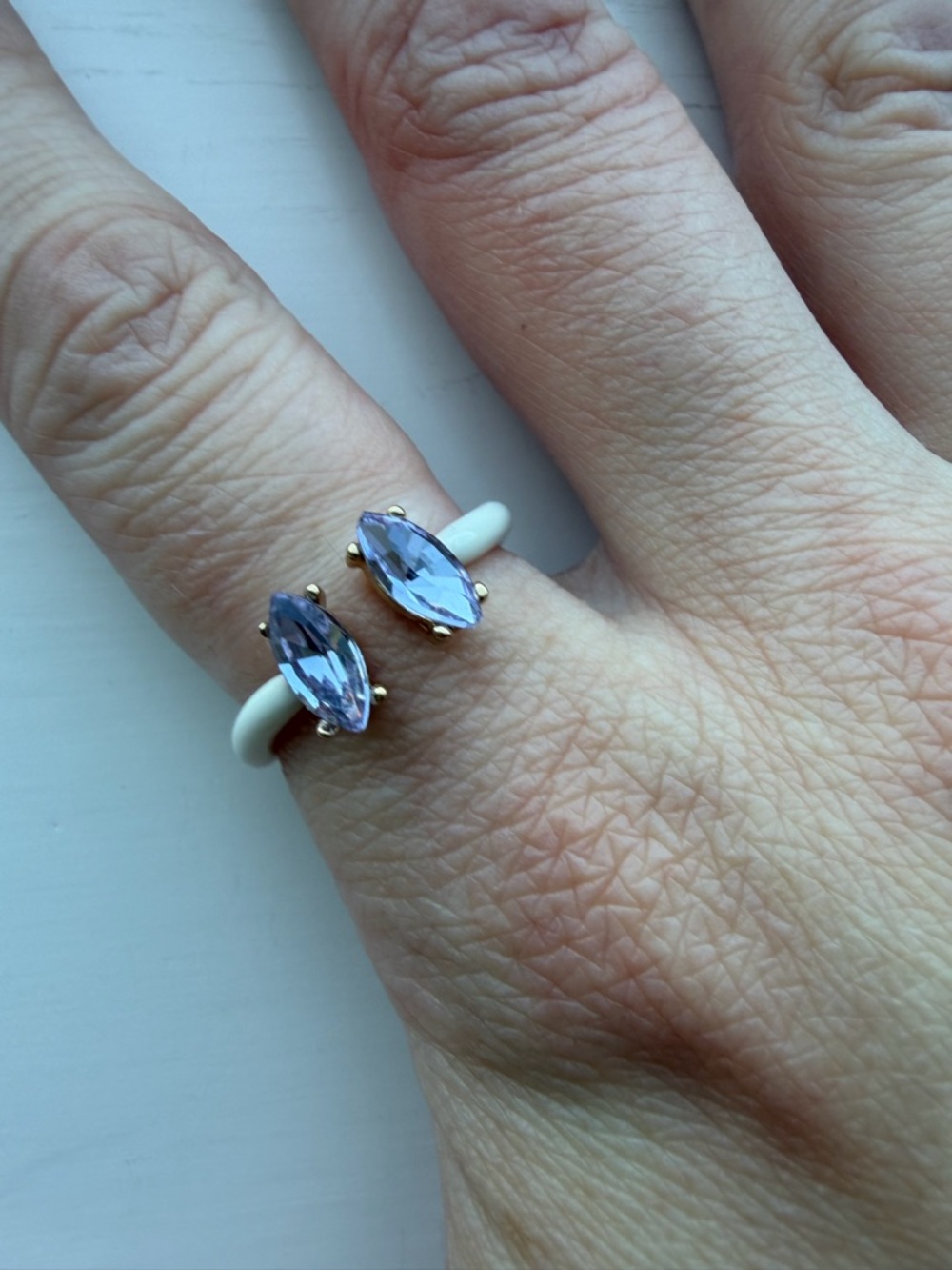 Adjustable White Enamel Open Ring With Purple Cubic Zirconia Accent Crystals